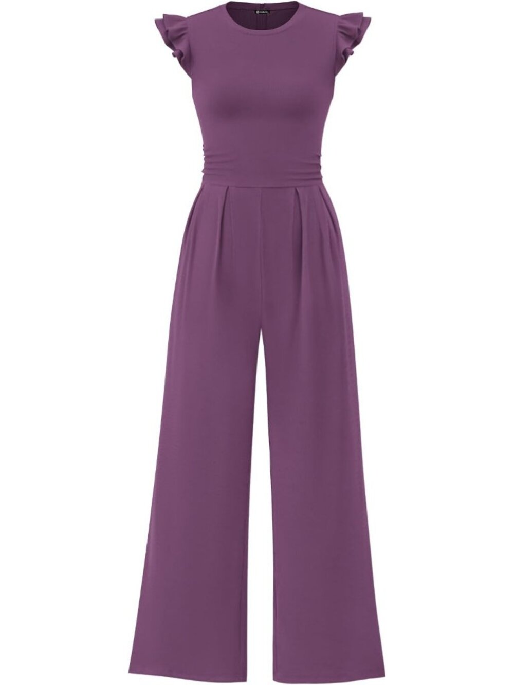 Women's Purple Grey Crewneck Jumpsuits Cap Sleeve Ruffle Ribbed Wide Leg Romper